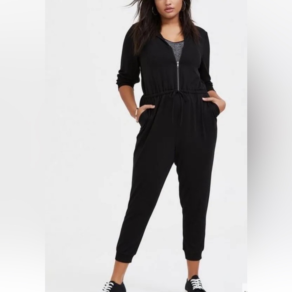 Torrid Black Terry Zip Front Hooded Jumpsuit